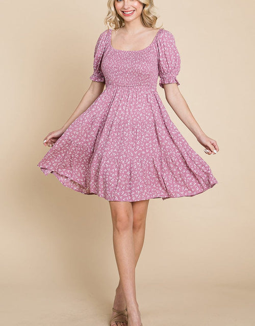 Load image into Gallery viewer, Smocked Floral Puff Short Sleeve Tiered Dress by RolyPoly Apparel
