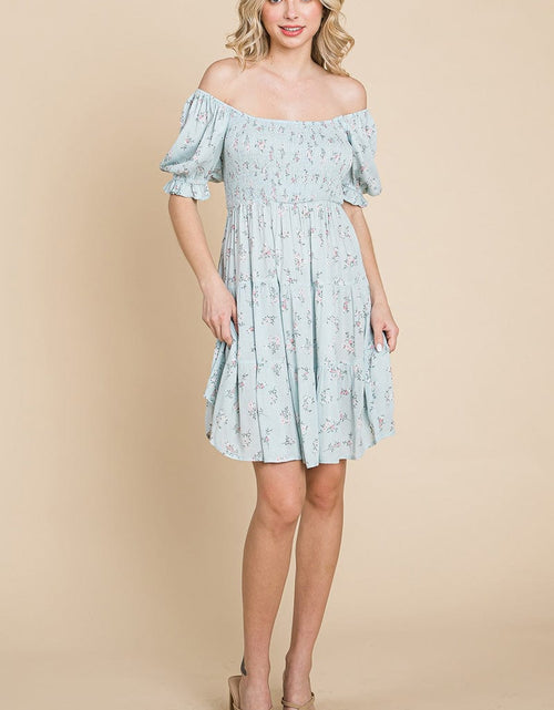 Load image into Gallery viewer, Smocked Floral Puff Short Sleeve Tiered Dress by RolyPoly Apparel
