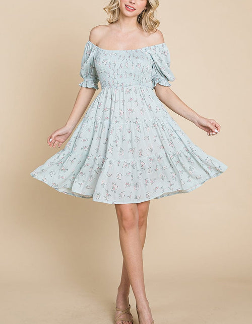 Load image into Gallery viewer, Smocked Floral Puff Short Sleeve Tiered Dress by RolyPoly Apparel
