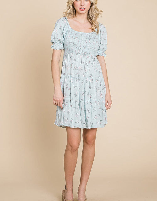 Load image into Gallery viewer, Smocked Floral Puff Short Sleeve Tiered Dress by RolyPoly Apparel
