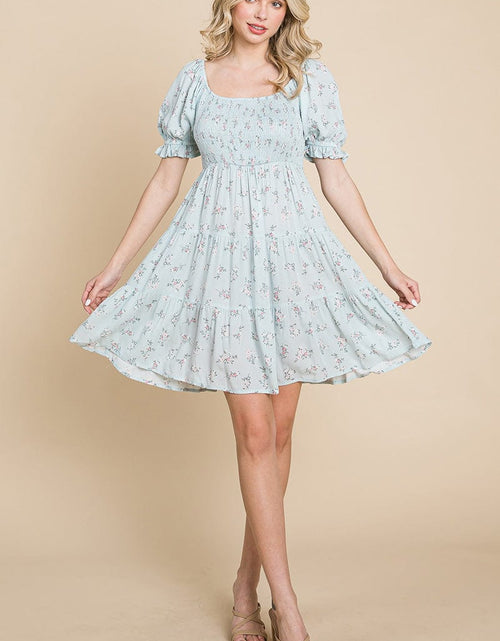 Load image into Gallery viewer, Smocked Floral Puff Short Sleeve Tiered Dress by RolyPoly Apparel
