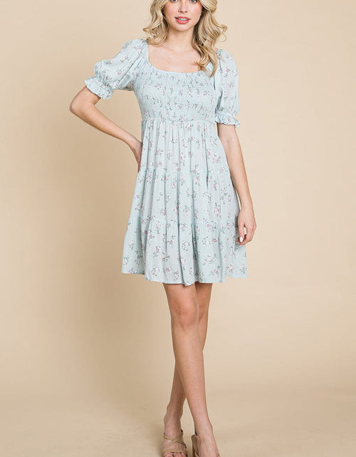 Load image into Gallery viewer, Smocked Floral Puff Short Sleeve Tiered Dress by RolyPoly Apparel
