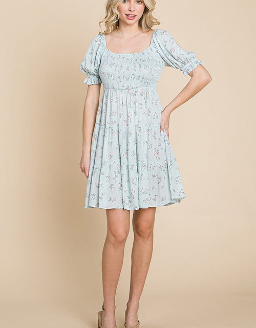 Load image into Gallery viewer, Smocked Floral Puff Short Sleeve Tiered Dress by RolyPoly Apparel
