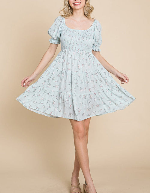 Load image into Gallery viewer, Smocked Floral Puff Short Sleeve Tiered Dress by RolyPoly Apparel
