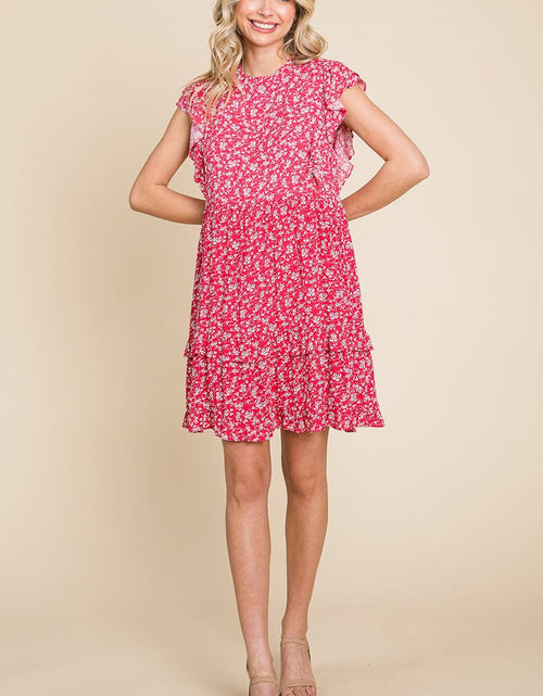 Load image into Gallery viewer, Floral Printed Ruffled Sleeve Pleated Dress by RolyPoly Apparel
