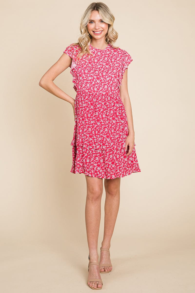 Floral Printed Ruffled Sleeve Pleated Dress by RolyPoly Apparel