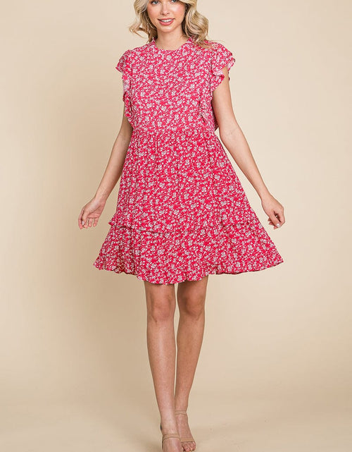 Load image into Gallery viewer, Floral Printed Ruffled Sleeve Pleated Dress by RolyPoly Apparel
