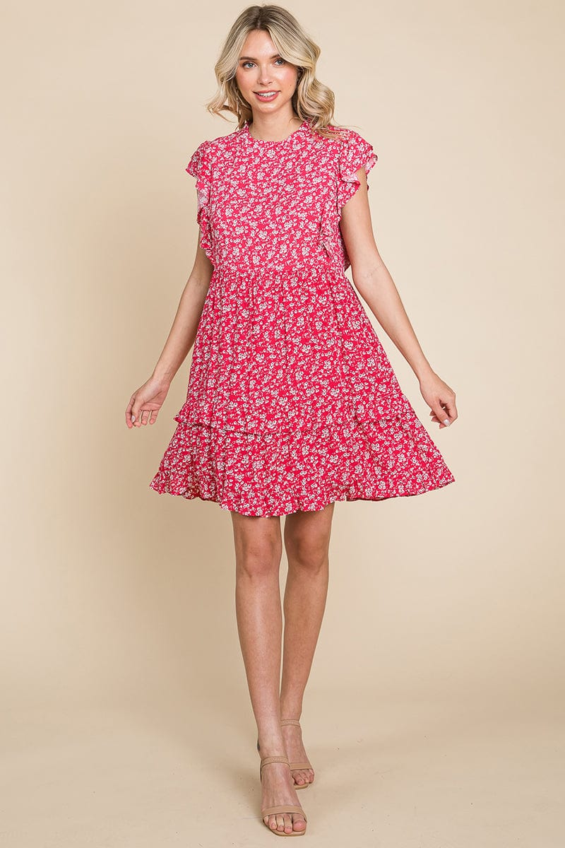 Floral Printed Ruffled Sleeve Pleated Dress by RolyPoly Apparel