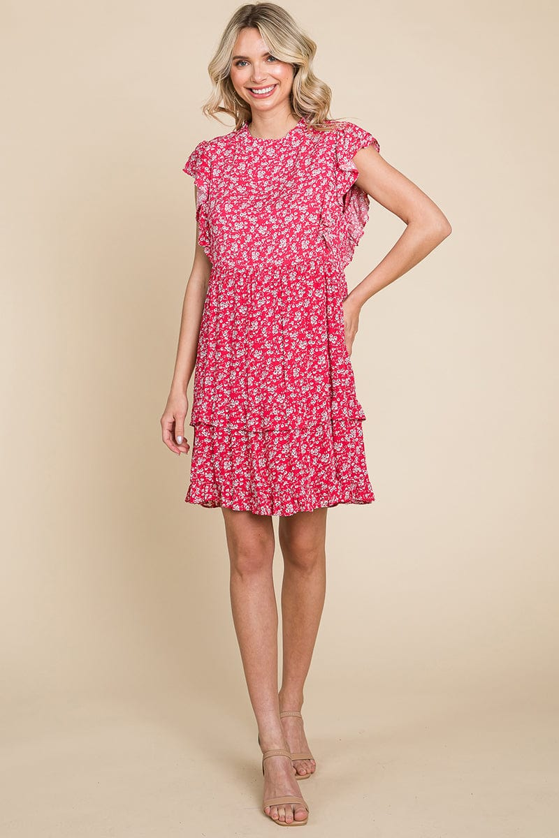 Floral Printed Ruffled Sleeve Pleated Dress by RolyPoly Apparel