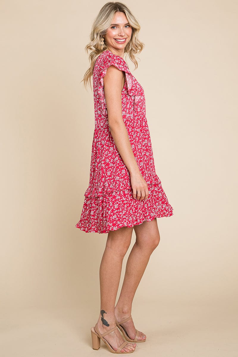 Floral Printed Ruffled Sleeve Pleated Dress by RolyPoly Apparel