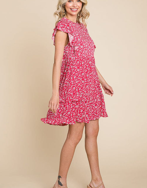 Load image into Gallery viewer, Floral Printed Ruffled Sleeve Pleated Dress by RolyPoly Apparel
