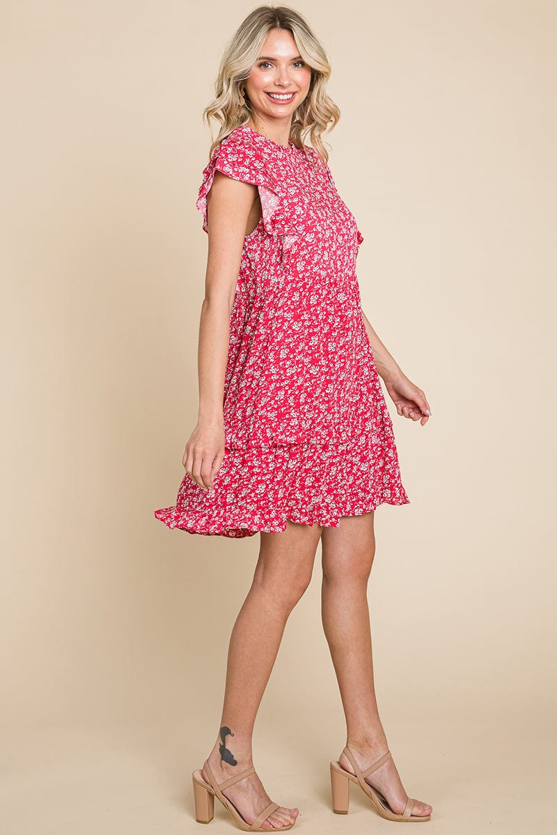 Floral Printed Ruffled Sleeve Pleated Dress by RolyPoly Apparel