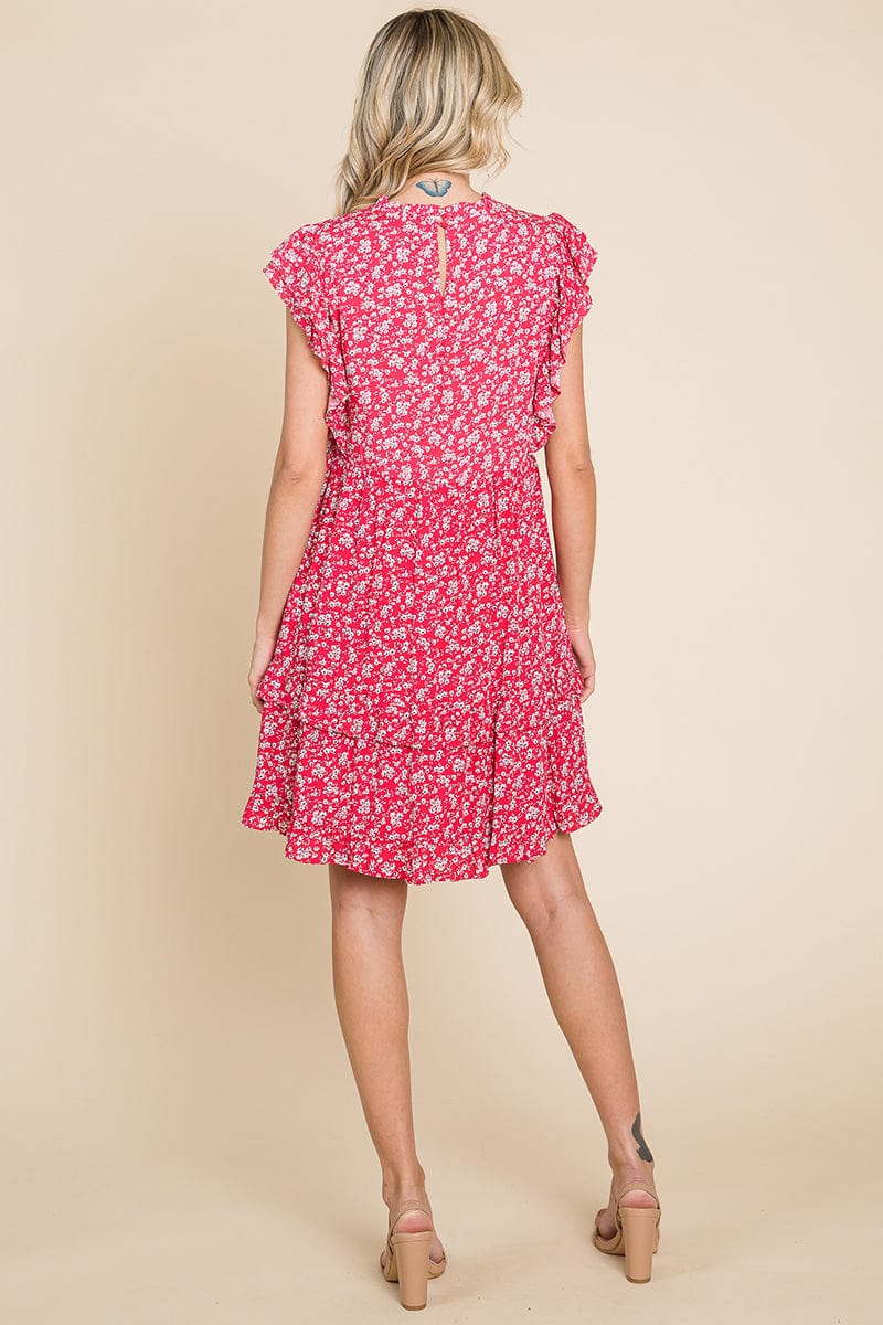 Floral Printed Ruffled Sleeve Pleated Dress by RolyPoly Apparel