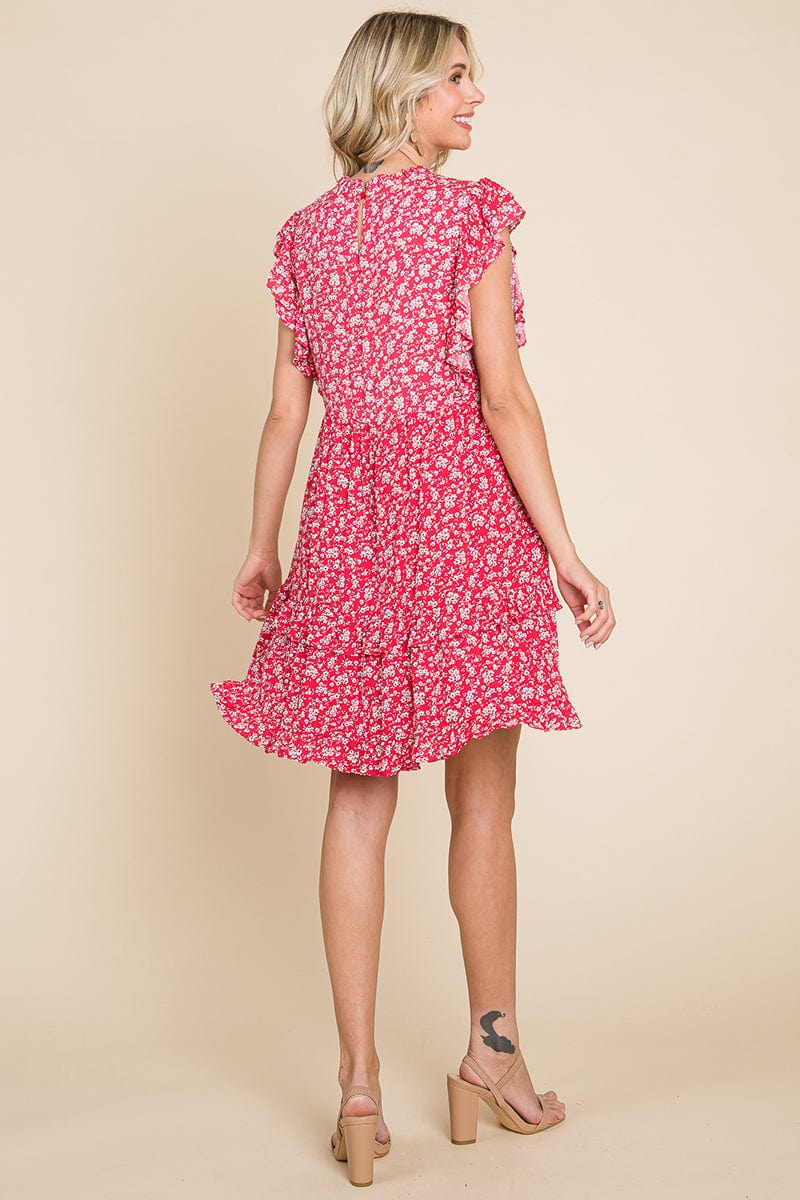 Floral Printed Ruffled Sleeve Pleated Dress by RolyPoly Apparel