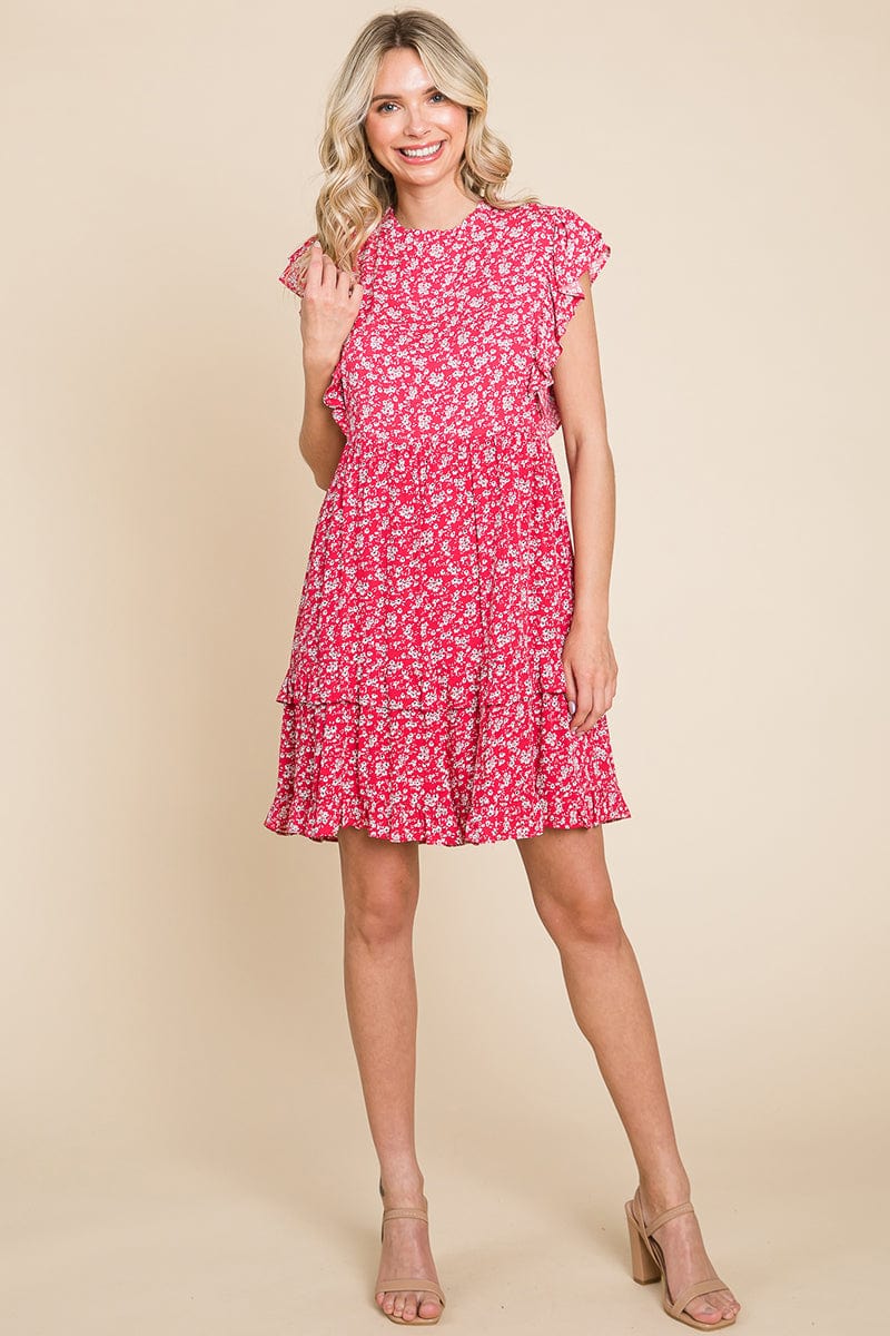 Floral Printed Ruffled Sleeve Pleated Dress by RolyPoly Apparel