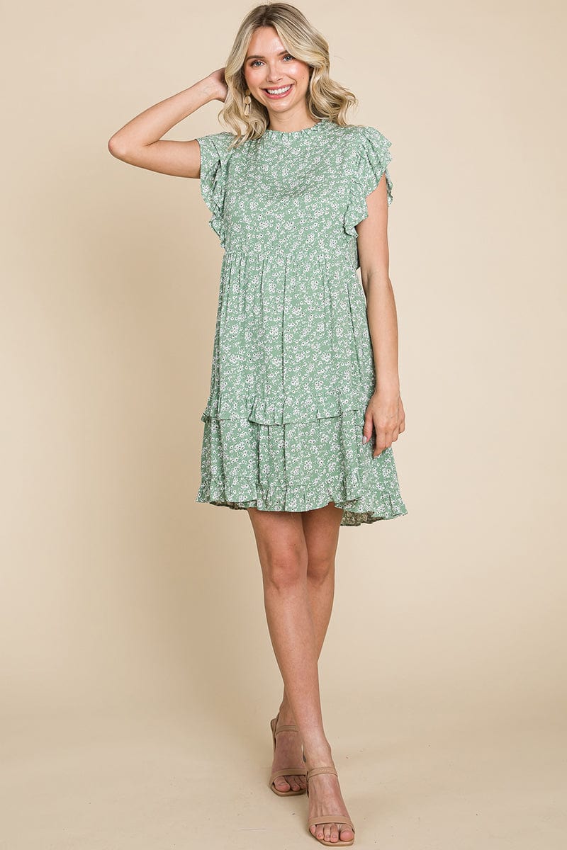 Floral Printed Ruffled Sleeve Pleated Dress by RolyPoly Apparel