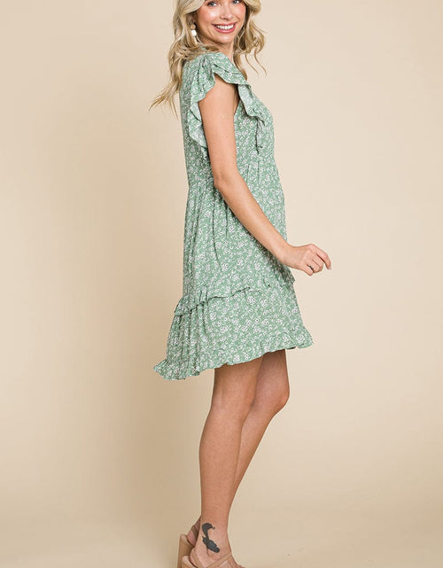 Load image into Gallery viewer, Floral Printed Ruffled Sleeve Pleated Dress by RolyPoly Apparel

