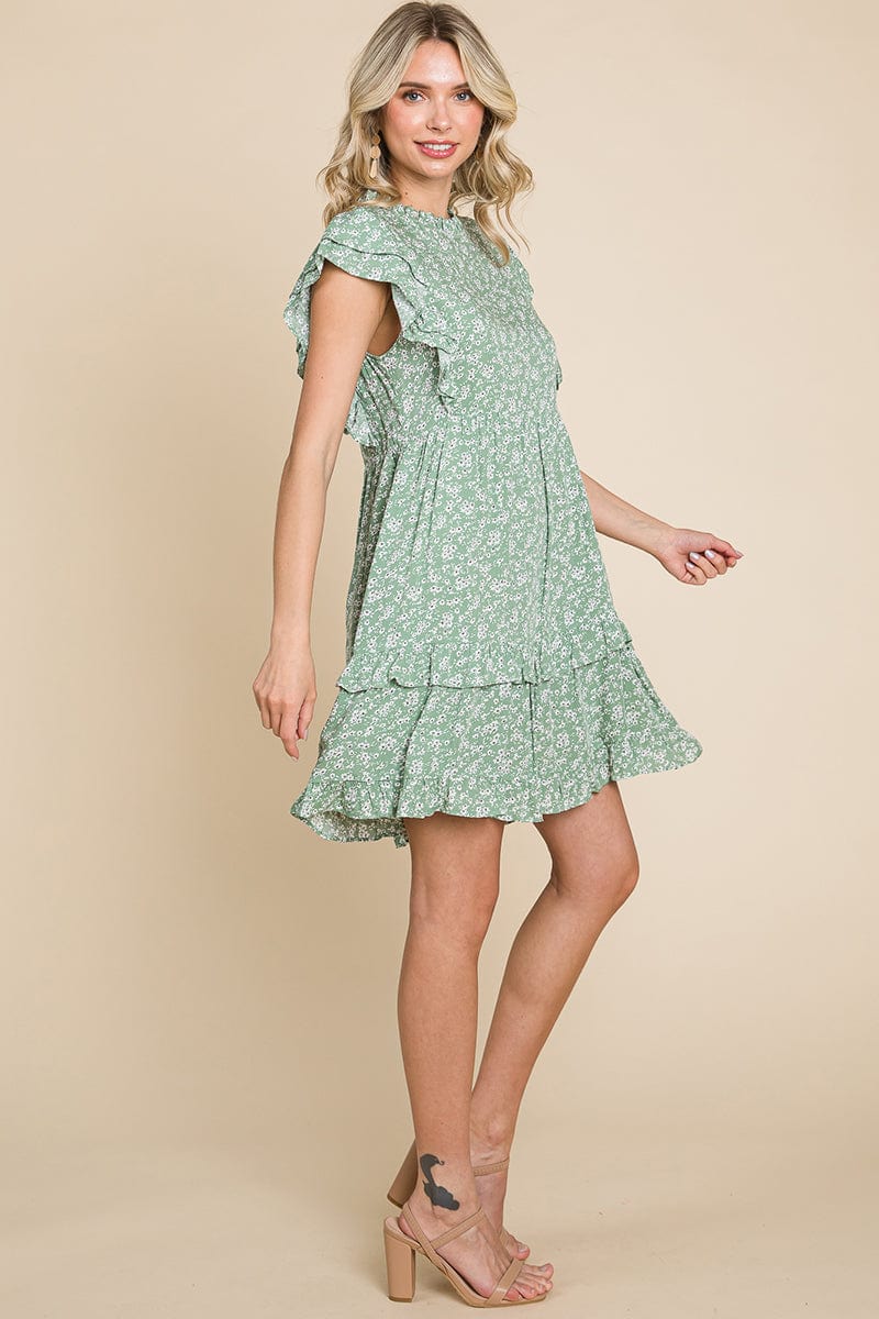 Floral Printed Ruffled Sleeve Pleated Dress by RolyPoly Apparel