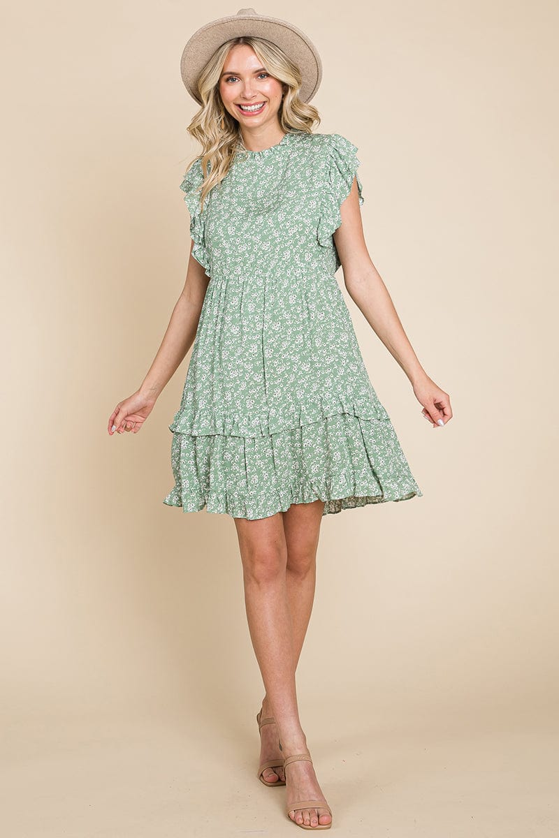Floral Printed Ruffled Sleeve Pleated Dress by RolyPoly Apparel