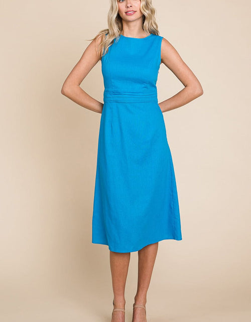 Load image into Gallery viewer, Sleeveless Tied Backless Pleated Midi Linen Dress by RolyPoly Apparel
