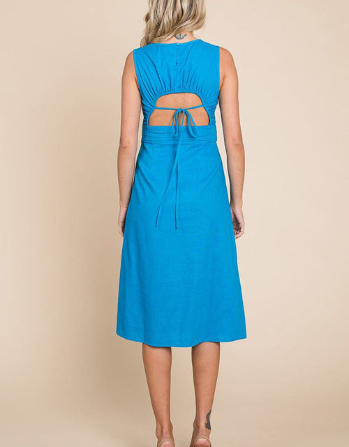Load image into Gallery viewer, Sleeveless Tied Backless Pleated Midi Linen Dress by RolyPoly Apparel
