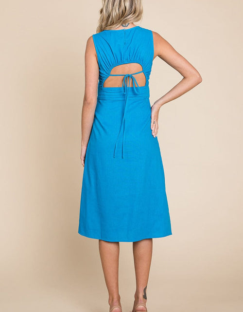 Load image into Gallery viewer, Sleeveless Tied Backless Pleated Midi Linen Dress by RolyPoly Apparel
