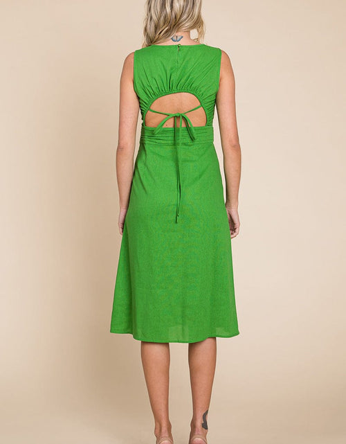 Load image into Gallery viewer, Sleeveless Tied Backless Pleated Midi Linen Dress by RolyPoly Apparel

