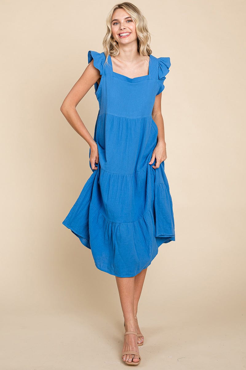 Ruffle Sleeve Gauze Tiered Midi Cotton Dress by RolyPoly Apparel