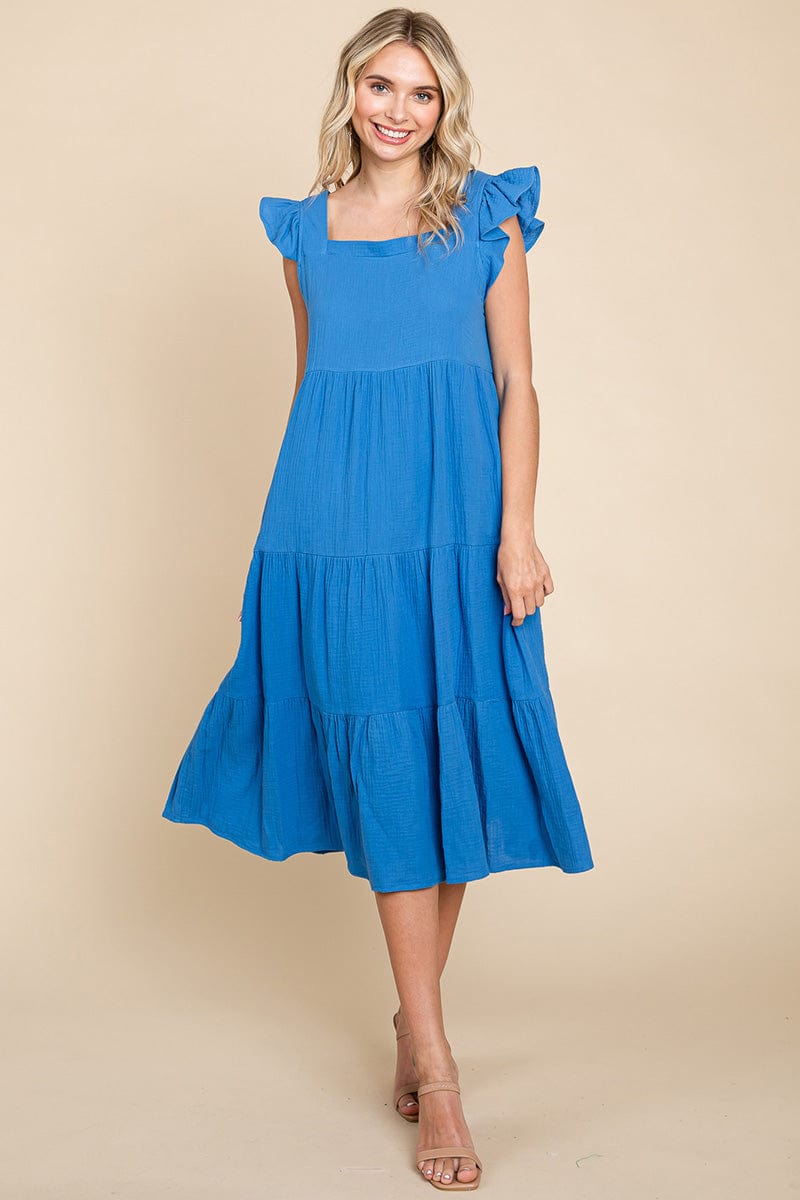 Ruffle Sleeve Gauze Tiered Midi Cotton Dress by RolyPoly Apparel