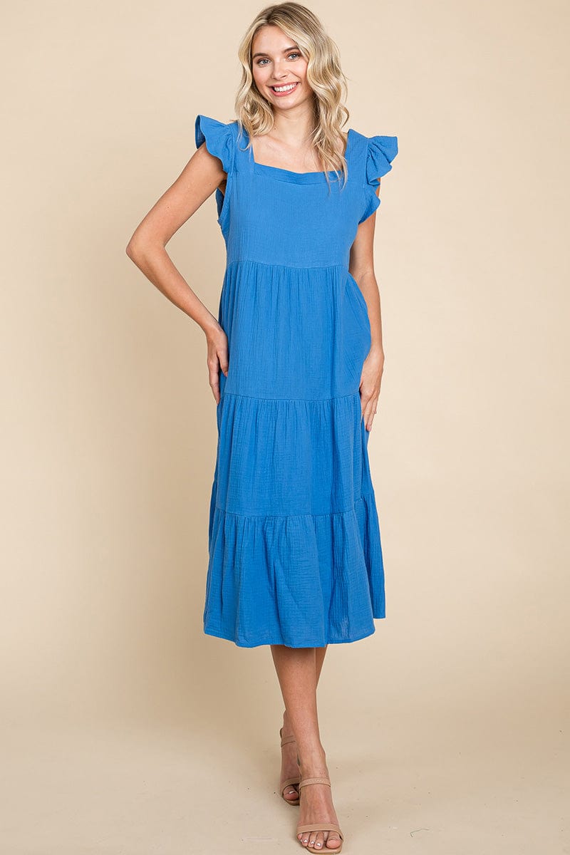 Ruffle Sleeve Gauze Tiered Midi Cotton Dress by RolyPoly Apparel