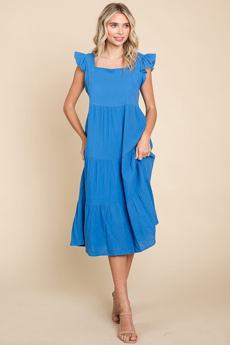 Ruffle Sleeve Gauze Tiered Midi Cotton Dress by RolyPoly Apparel
