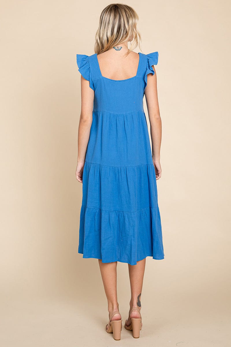 Ruffle Sleeve Gauze Tiered Midi Cotton Dress by RolyPoly Apparel