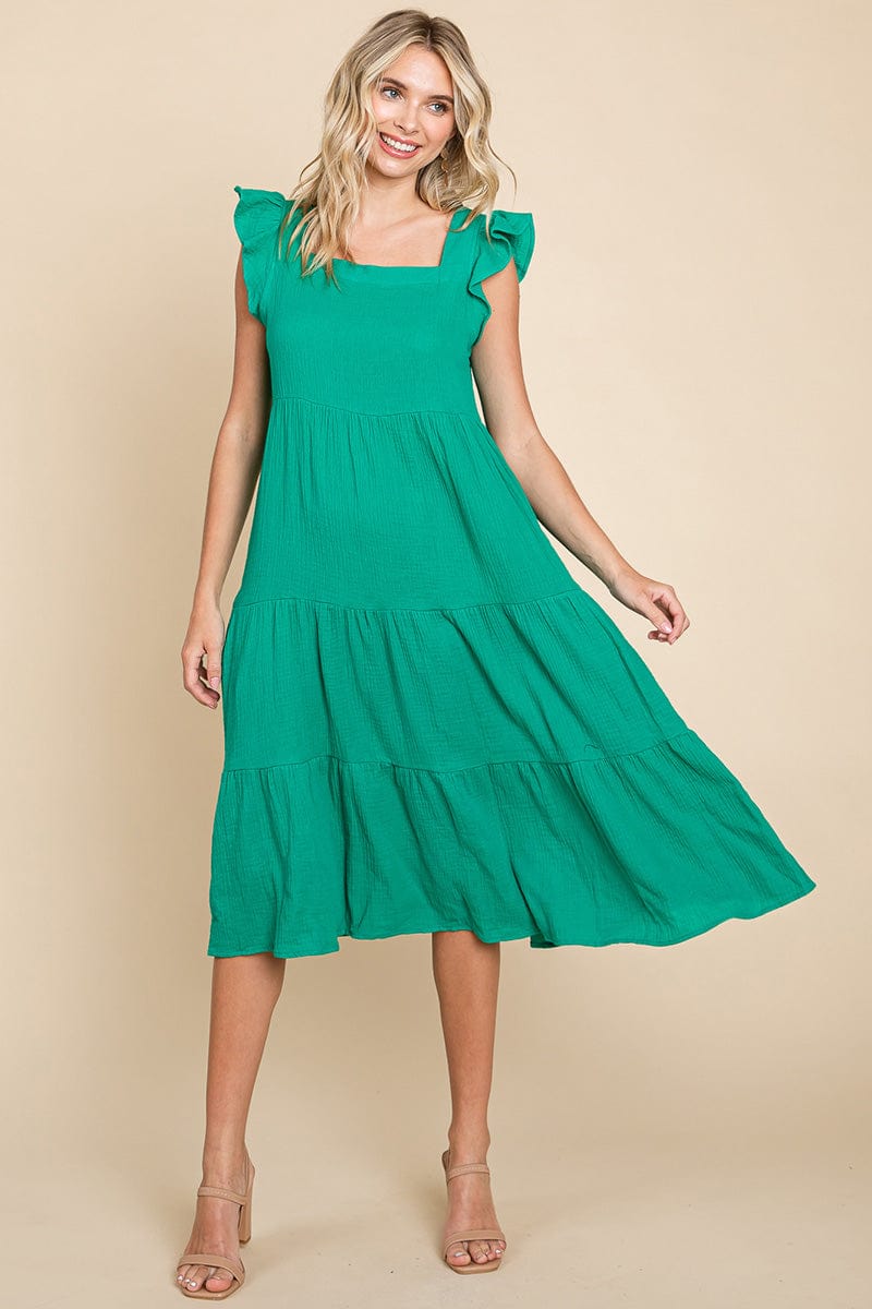 Ruffle Sleeve Gauze Tiered Midi Cotton Dress by RolyPoly Apparel