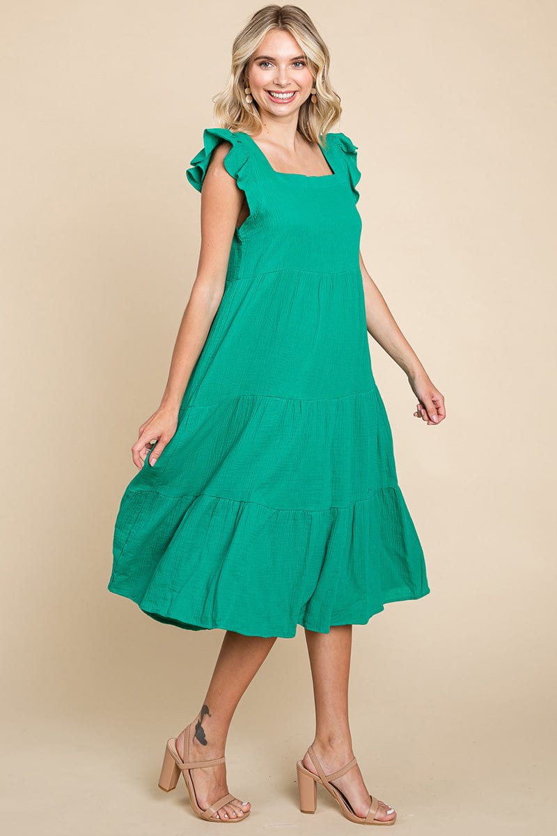 Ruffle Sleeve Gauze Tiered Midi Cotton Dress by RolyPoly Apparel