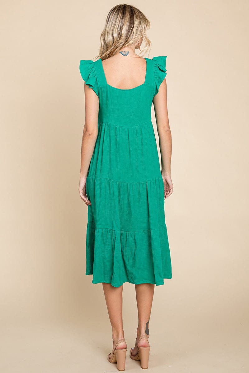 Ruffle Sleeve Gauze Tiered Midi Cotton Dress by RolyPoly Apparel