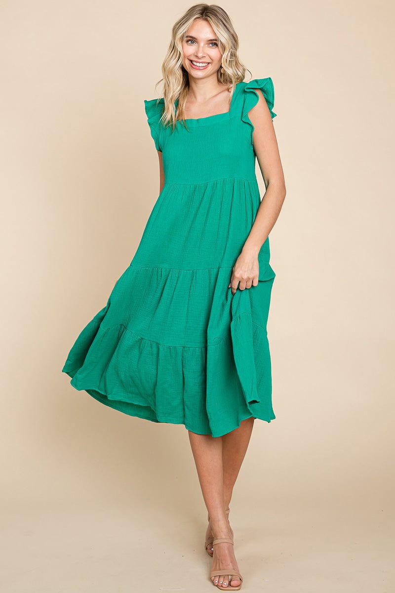 Ruffle Sleeve Gauze Tiered Midi Cotton Dress by RolyPoly Apparel