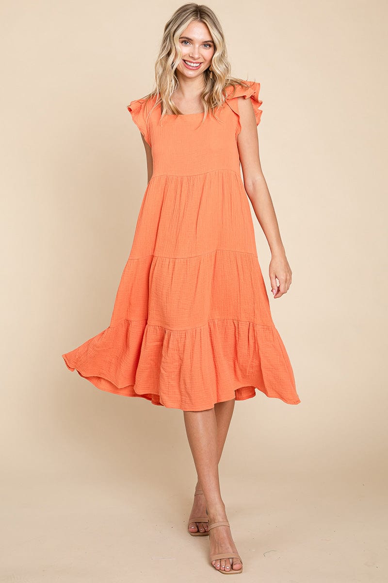 Ruffle Sleeve Gauze Tiered Midi Cotton Dress by RolyPoly Apparel