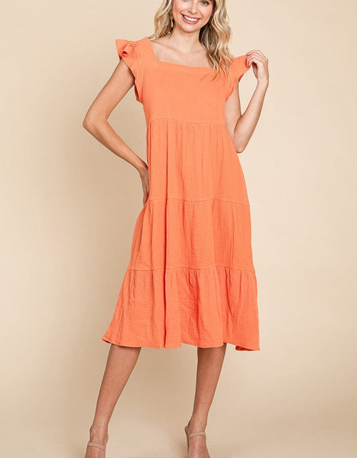 Load image into Gallery viewer, Ruffle Sleeve Gauze Tiered Midi Cotton Dress by RolyPoly Apparel
