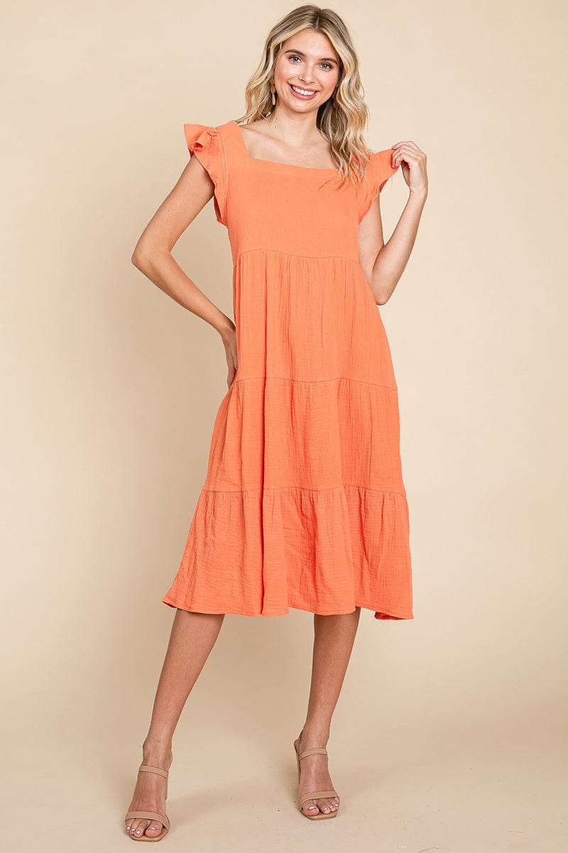 Ruffle Sleeve Gauze Tiered Midi Cotton Dress by RolyPoly Apparel