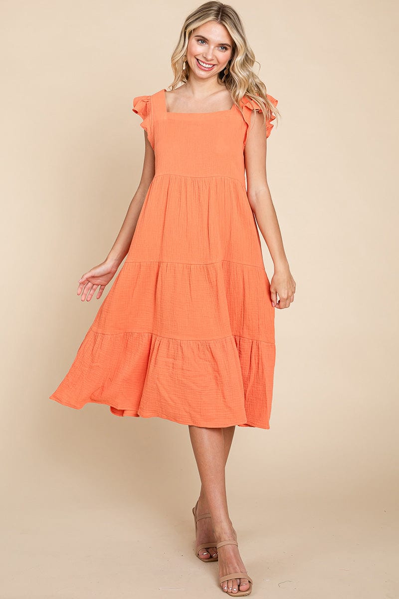 Ruffle Sleeve Gauze Tiered Midi Cotton Dress by RolyPoly Apparel