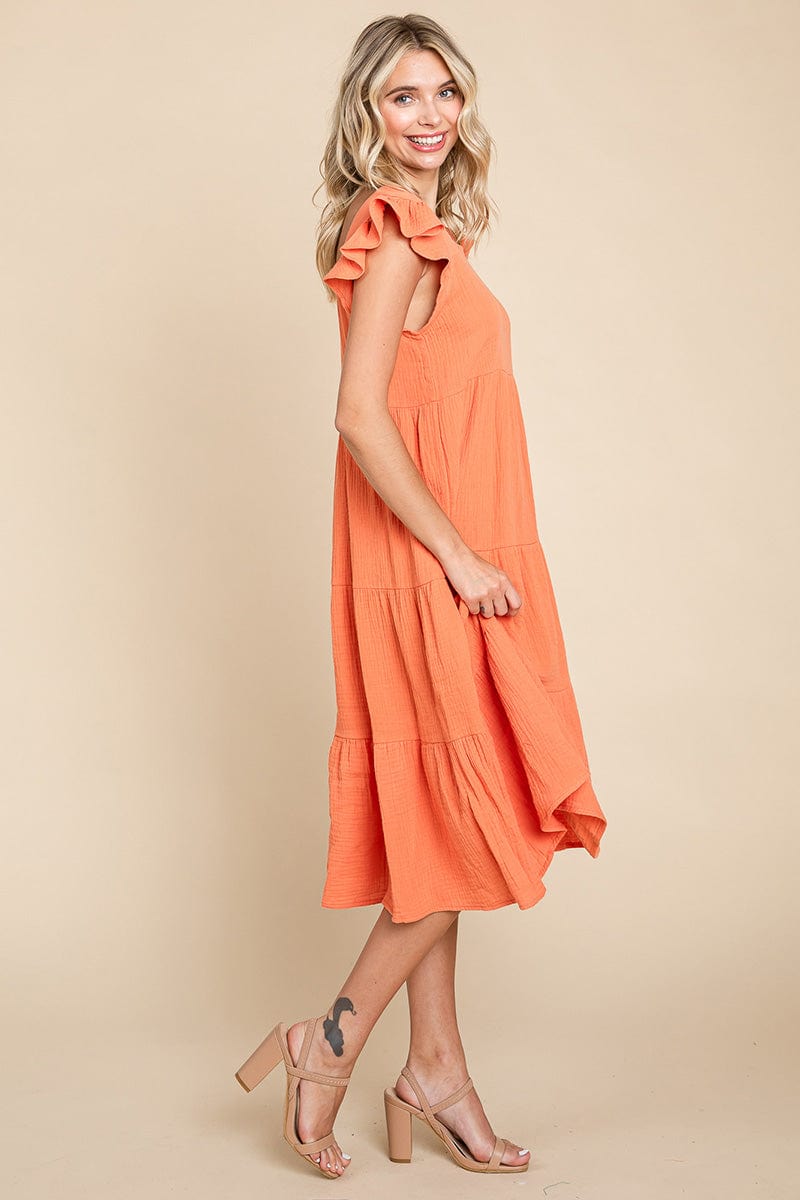 Ruffle Sleeve Gauze Tiered Midi Cotton Dress by RolyPoly Apparel