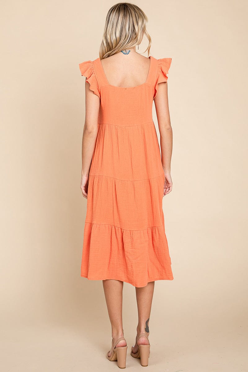Ruffle Sleeve Gauze Tiered Midi Cotton Dress by RolyPoly Apparel