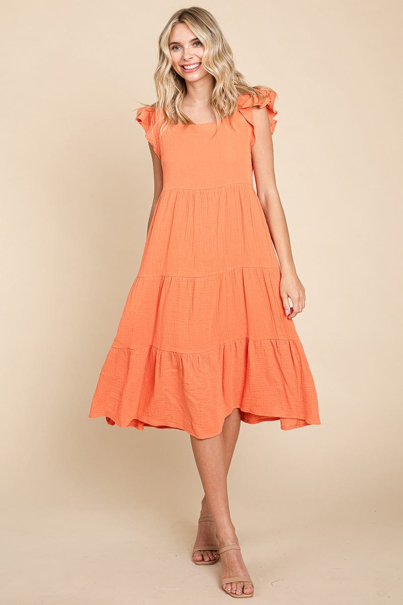 Ruffle Sleeve Gauze Tiered Midi Cotton Dress by RolyPoly Apparel
