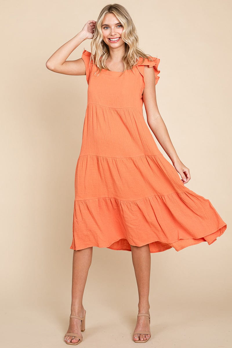 Ruffle Sleeve Gauze Tiered Midi Cotton Dress by RolyPoly Apparel
