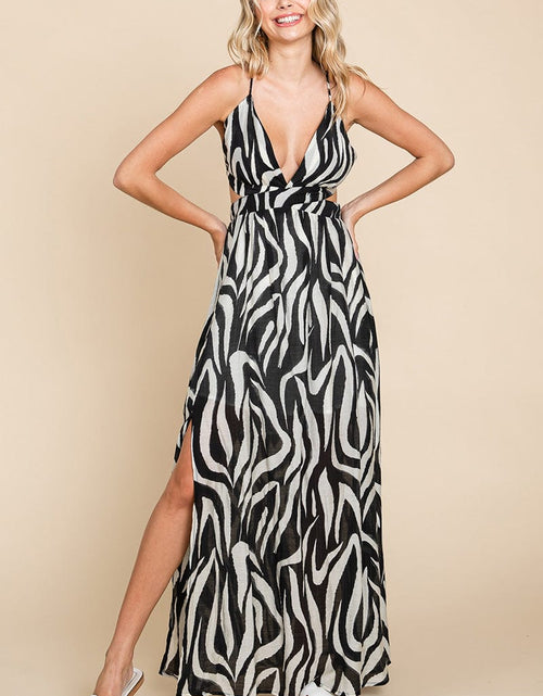 Load image into Gallery viewer, Deep V Neck Open Back Zebra Print Boho Maxi Dress by RolyPoly Apparel
