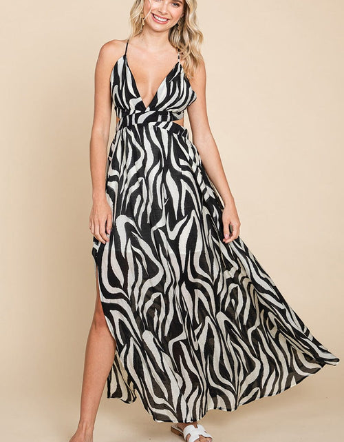 Load image into Gallery viewer, Deep V Neck Open Back Zebra Print Boho Maxi Dress by RolyPoly Apparel
