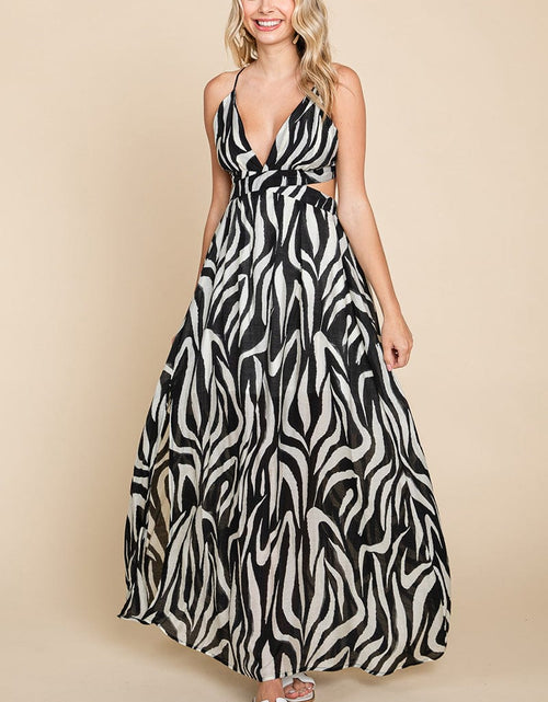 Load image into Gallery viewer, Deep V Neck Open Back Zebra Print Boho Maxi Dress by RolyPoly Apparel
