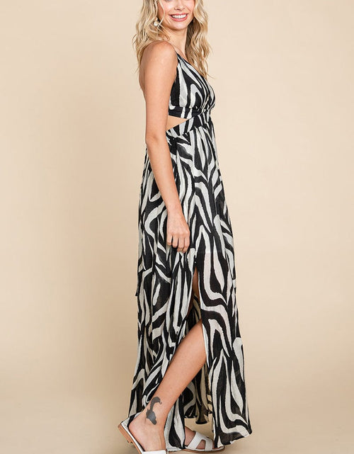 Load image into Gallery viewer, Deep V Neck Open Back Zebra Print Boho Maxi Dress by RolyPoly Apparel

