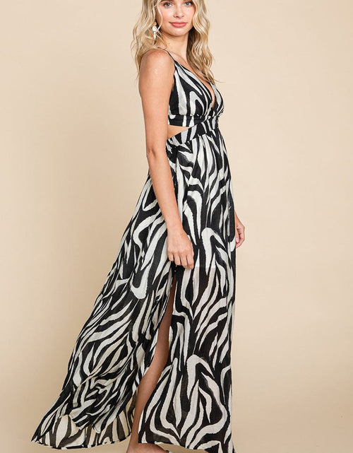 Load image into Gallery viewer, Deep V Neck Open Back Zebra Print Boho Maxi Dress by RolyPoly Apparel
