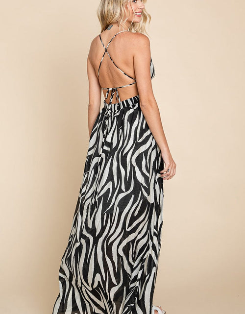 Load image into Gallery viewer, Deep V Neck Open Back Zebra Print Boho Maxi Dress by RolyPoly Apparel
